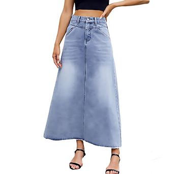 Womens Denim High Waist A Line Frayed Hem Maxi Loose Stretchy Slim Fit Long Skirts with Pockets