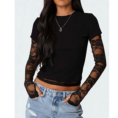 Women's Crew Neck Layered Blouse Lace Long Sleeve Short Sleeve Crop Top