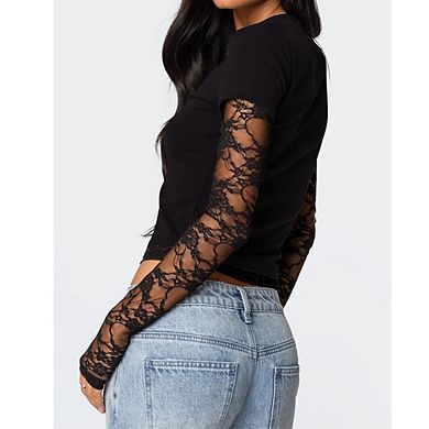 Women's Crew Neck Layered Blouse Lace Long Sleeve Short Sleeve Crop Top