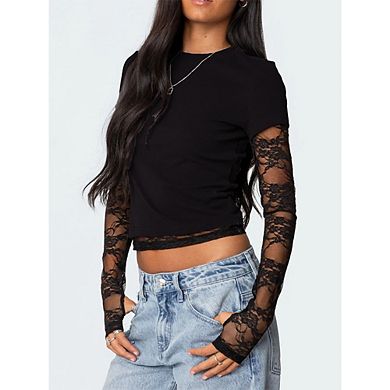 Women's Crew Neck Layered Blouse Lace Long Sleeve Short Sleeve Crop Top