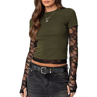 Women's Crew Neck Layered Blouse Lace Long Sleeve Short Sleeve Crop Top