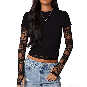 Women's Crew Neck Layered Blouse Lace Long Sleeve Short Sleeve Crop Top