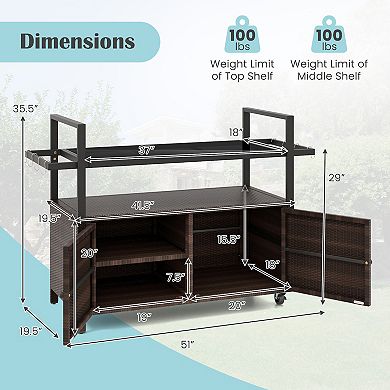 Outdoor Bar Cart Patio Serving Cart with Cabinet Glass Top and Wheels