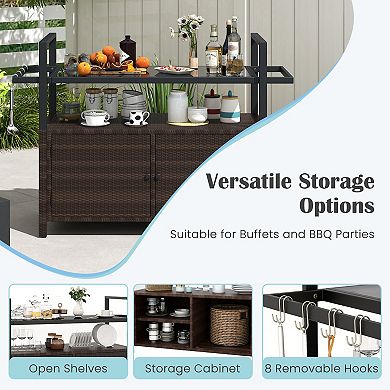 Outdoor Bar Cart Patio Serving Cart with Cabinet Glass Top and Wheels