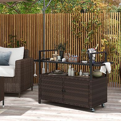 Outdoor Bar Cart Patio Serving Cart with Cabinet Glass Top and Wheels
