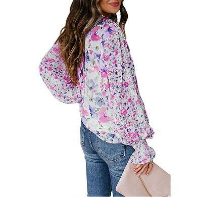 Women's Casual Boho Floral Print V Neck Long Lantern Sleeve T Shirt Blouses