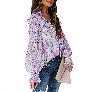 Women's Casual Boho Floral Print V Neck Long Lantern Sleeve T Shirt Blouses