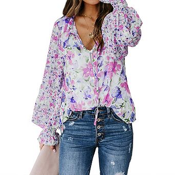 Women's Casual Boho Floral Print V Neck Long Lantern Sleeve T Shirt Blouses