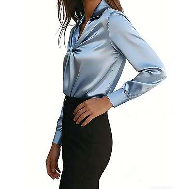 Women's Collared V-Neck Blouse Satin-Look Twist Front Long Sleeve Top