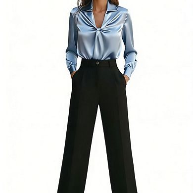 Women's Collared V-Neck Blouse Satin-Look Twist Front Long Sleeve Top