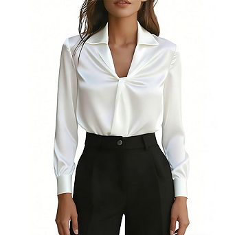 Women's Collared V-Neck Blouse Satin-Look Twist Front Long Sleeve Top
