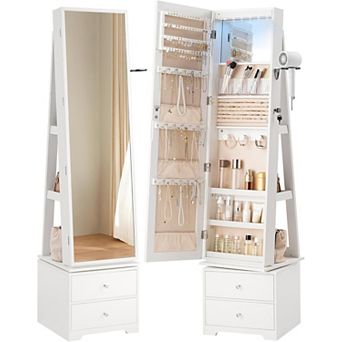60° Swivel Jewelry Cabinet with LED Lights, Standing Jewelry Armoire with 2 Drawers