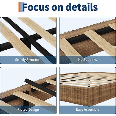 Wooden Platform Bed with Fluted Design, Bed Frame with Study Support, No Box Spring Needed