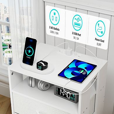 CEWOR 2 Pack Nightstand with Charging Station,Bedside Tables with LED Light and 2 Fabric Drawers