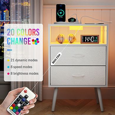 CEWOR 2 Pack Nightstand with Charging Station,Bedside Tables with LED Light and 2 Fabric Drawers
