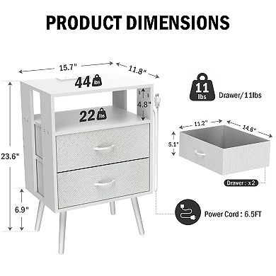 CEWOR 2 Pack Nightstand with Charging Station,Bedside Tables with LED Light and 2 Fabric Drawers