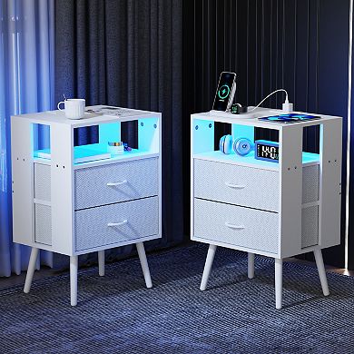 CEWOR 2 Pack Nightstand with Charging Station,Bedside Tables with LED Light and 2 Fabric Drawers