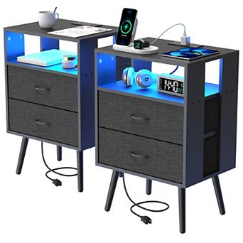 2 Pack Modern Nightstand with Charging Station,Bedside Tables with LED Light and 2 Fabric Drawers
