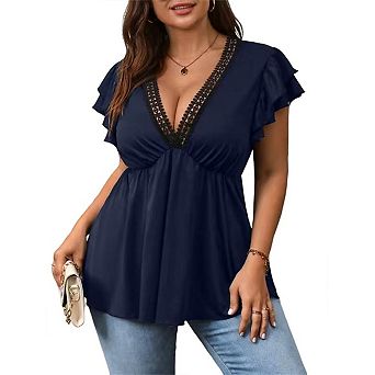 Women's Plus Size Ruffle Cap Sleeve Lace V Neck Summer T Shirt Peplum Flowy Tops
