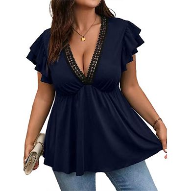 Women's Plus Size Ruffle Cap Sleeve Lace V Neck Summer T Shirt Peplum Flowy Tops