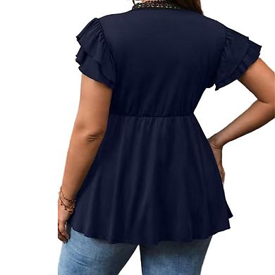 Women's Plus Size Ruffle Cap Sleeve Lace V Neck Summer T Shirt Peplum Flowy Tops