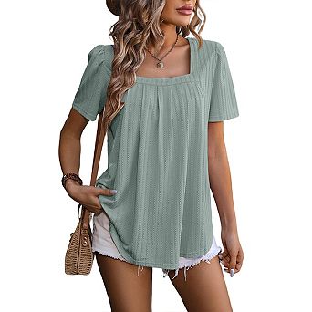 T Shirts for Women Pleated Square Neck Dressy Casual Blouses Puff Short Sleeve Summer Tops Loose Fit