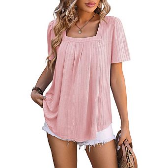 T Shirts for Women Pleated Square Neck Dressy Casual Blouses Puff Short Sleeve Summer Tops Loose Fit