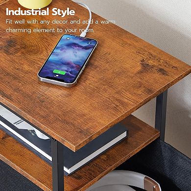 2 Non-Woven Drawers End Table with Charging Station, for Small Spaces, Living Room, Bedroom