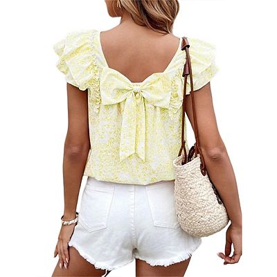 Womens Bow Tie Back Tops Round Neck Ruffle Short Sleeve Shirts