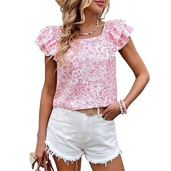 Womens Bow Tie Back Tops Round Neck Ruffle Short Sleeve Shirts Cute Babydoll Chiffon Summer Tunic