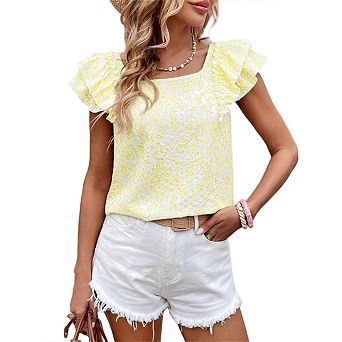 Womens Bow Tie Back Tops Round Neck Ruffle Short Sleeve Shirts Cute Babydoll Chiffon Summer Tunic