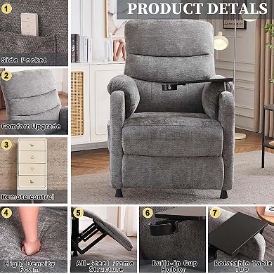 CEWOR Chenille Electric Recliner with Swivel Cup Holders,Side Tray & Remote Control, Rest & Reading