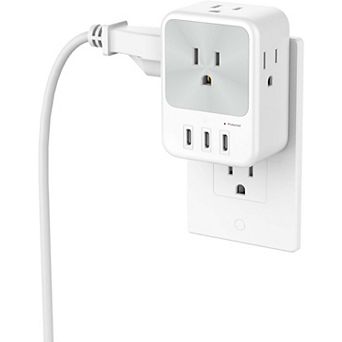 USB Multi Plug Splitter - 4 Outlets + 3 USB C - 3-Sided Surge Protector - Home/Office/Dorm