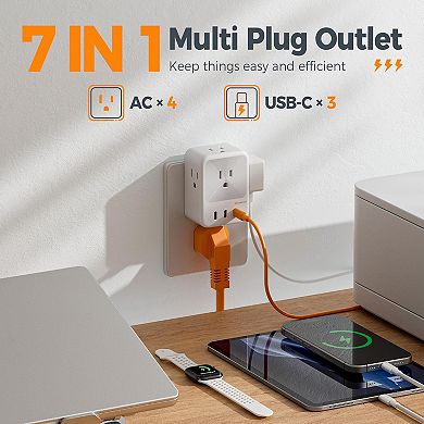 USB Multi Plug Splitter - 4 Outlets + 3 USB C - 3-Sided Surge Protector - Home/Office/Dorm