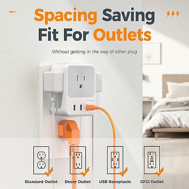 USB Multi Plug Splitter - 4 Outlets + 3 USB C - 3-Sided Surge Protector - Home/Office/Dorm
