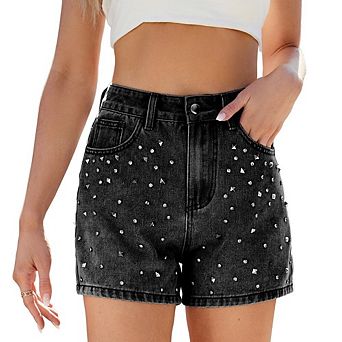 Women's Denim Shorts High Waist Rhinestone Shine Jean Short Y2K Summer Casual Jean Shorts