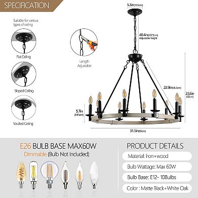 ELEMENT ACE 32 Inch Rustic Farmhouse Ten-Light Candle Style Chandelier Light Fixture