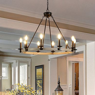 ELEMENT ACE 32 Inch Rustic Farmhouse Ten-Light Candle Style Chandelier Light Fixture