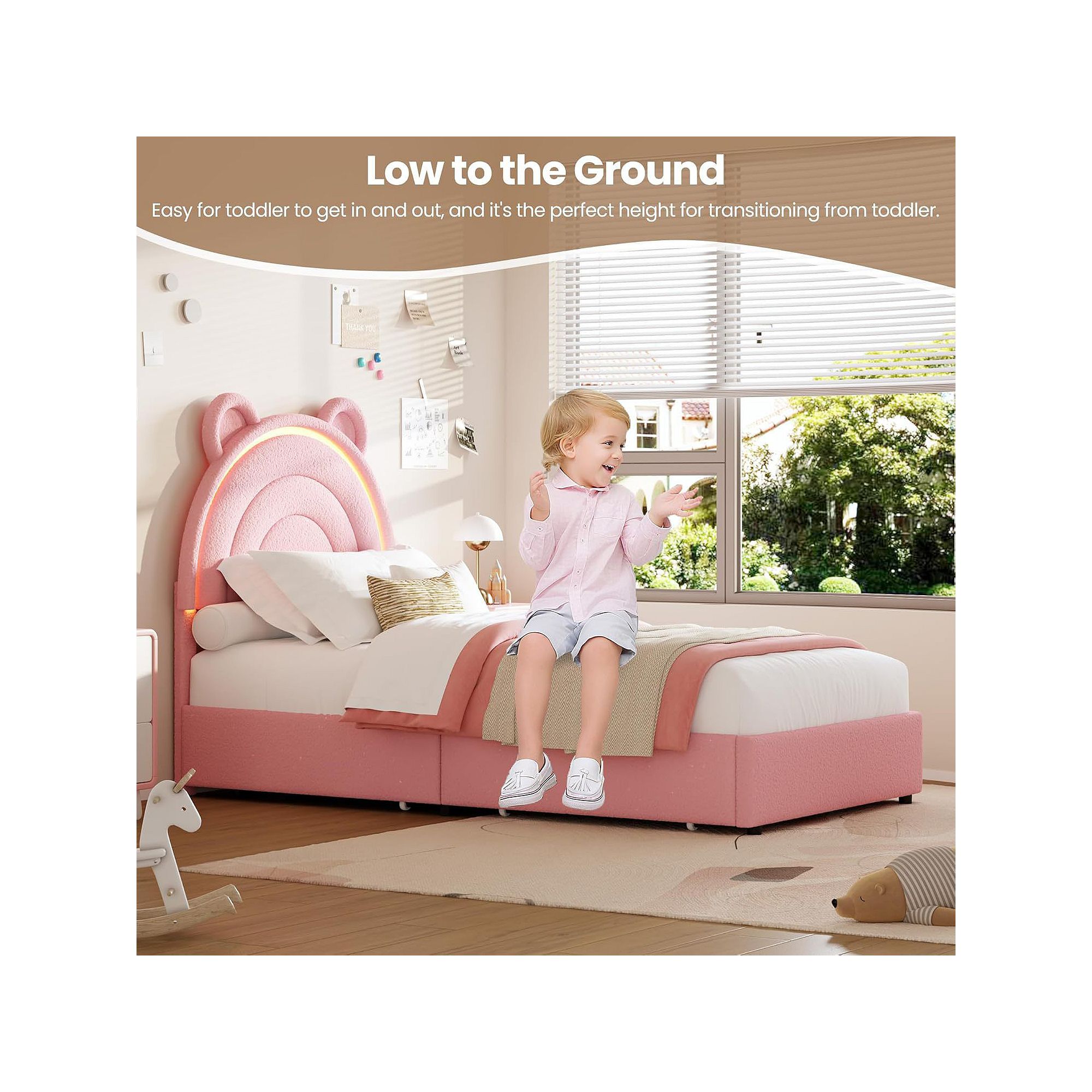 Twin size princess upholstered bed frame with low-to-the-ground design