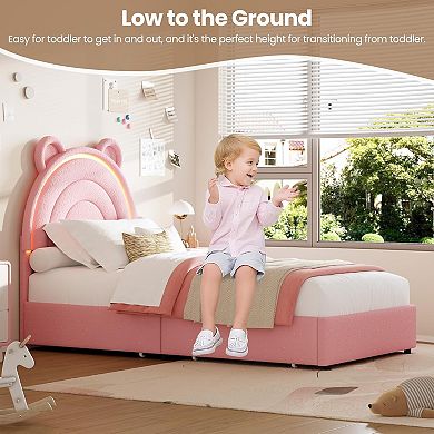 Princess Style Twin Size Upholstered Bed Frame with LED Rainbow Headboard & 4 Storage Drawers