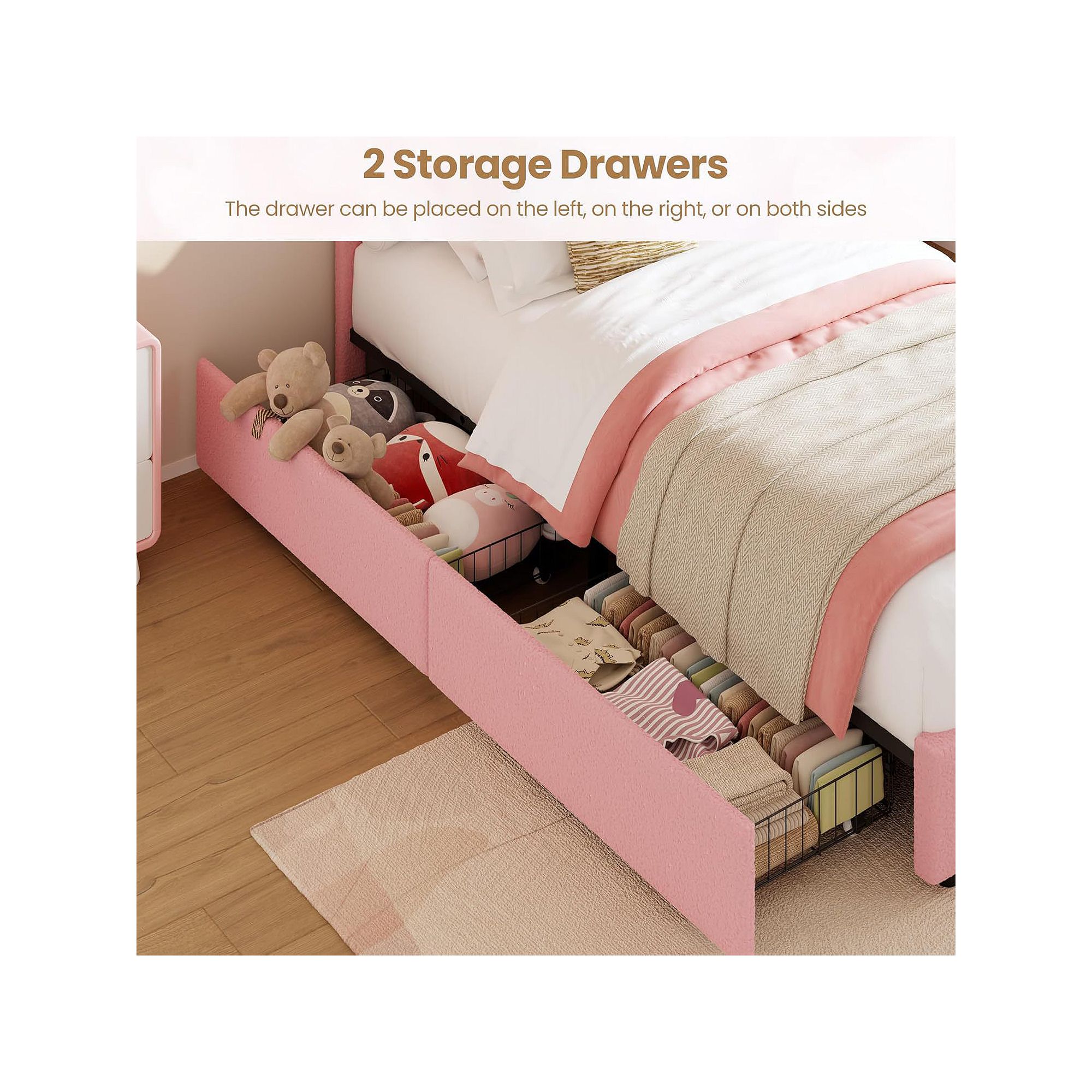 Twin size bed frame showing storage drawers beneath the upholstered base