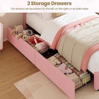 Princess Style Twin Size Upholstered Bed Frame with LED Rainbow Headboard & 4 Storage Drawers