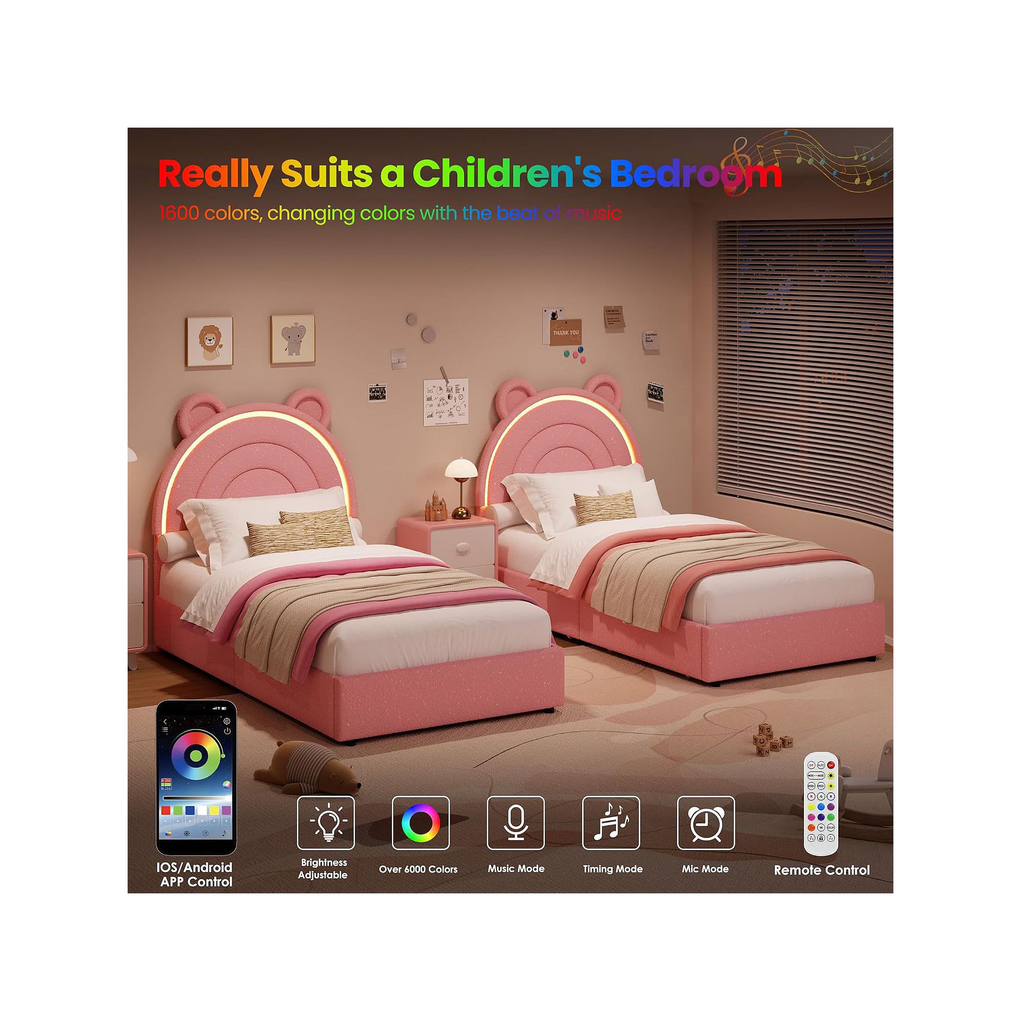 Princess style twin bed frame with LED rainbow headboard and color-changing lighting