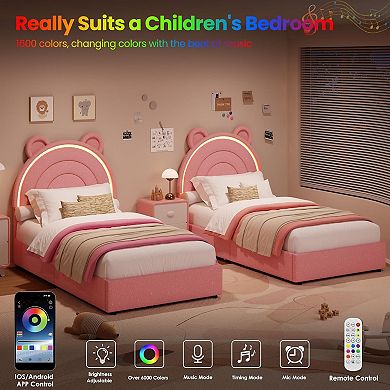Princess Style Twin Size Upholstered Bed Frame with LED Rainbow Headboard & 4 Storage Drawers