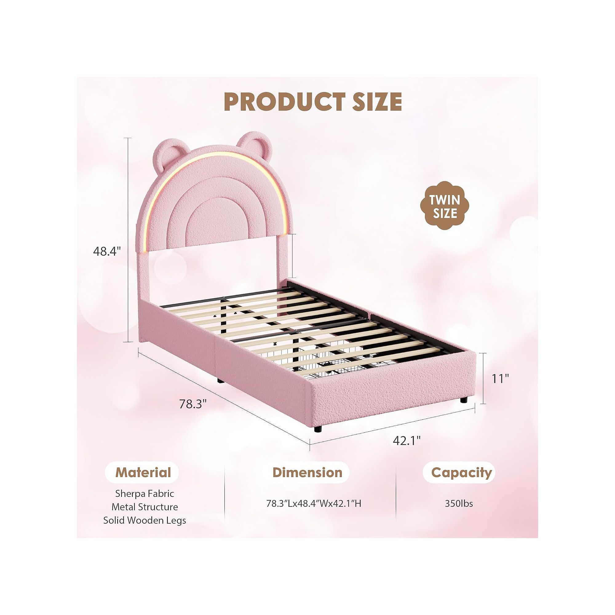 Product size diagram for twin size princess upholstered bed frame