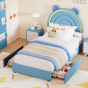 Princess Style Twin Size Upholstered Bed Frame with LED Rainbow Headboard & 4 Storage Drawers