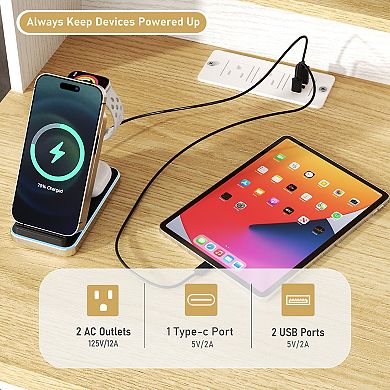 CEWOR 18" Farmhouse End Table Nightstand with Charging Station, Barn Door & Adjustable Shelf