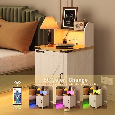 CEWOR 18" Farmhouse End Table Nightstand with Charging Station, Barn Door & Adjustable Shelf