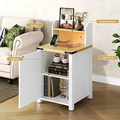 CEWOR 18" Farmhouse End Table Nightstand with Charging Station, Barn Door & Adjustable Shelf