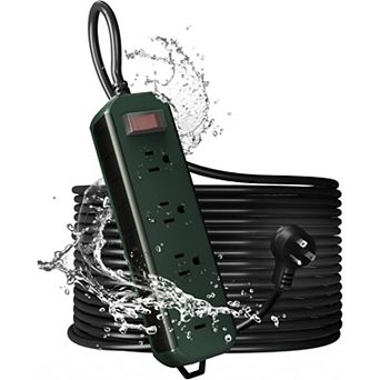 1250W Outdoor Weatherproof Power Strip- 50ft Cord: 4 Outlets - Shockproof - Flat Plug Wall-Mountable